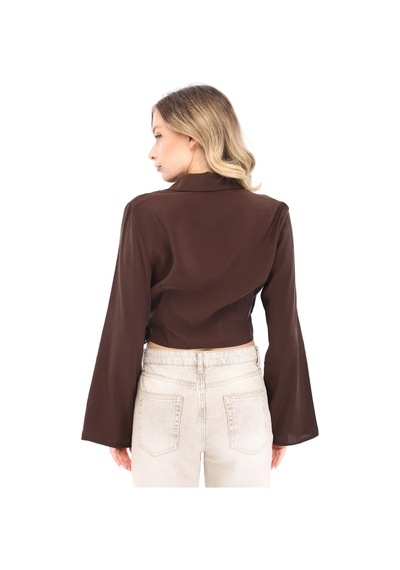 Blayn Jeans Blayn Kadın Beyaz Kruvaze Yaka Belden Bağlamalı Uzun Kollu Şık Bluz Kahverengi