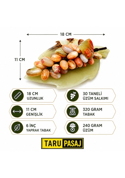 Doğal Oniks Taş Yaprak Tabak & 30 Taneli Üzüm Salkımı Feng Shui Dekor Objesi Kahverengi