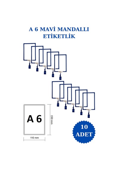 10 Adet Mavi A6 Mandallı Raf Sepet Etiketi Çerçeveli Etiketlik Mavi