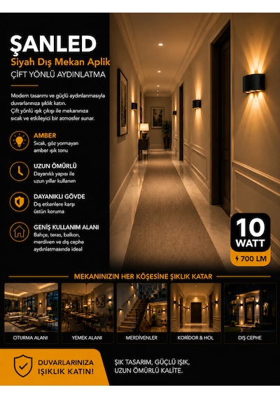 Dekoratif 10w Çift Yönlü Iç-dış Mekan Siyah Kasa Gün Işığı Duvar Aplik-2 Adet Amber Rengi