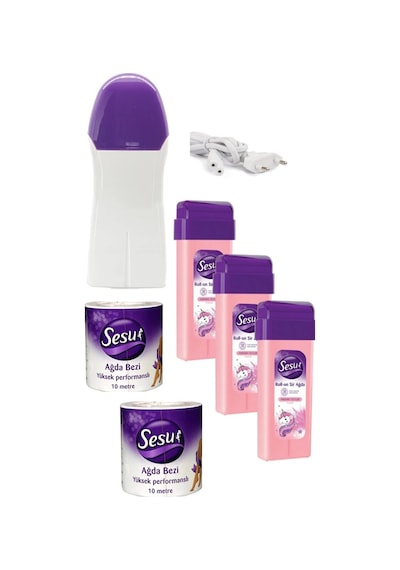 Kartuş Ağda Makinesi + Sesu Pembe Roll-on Ağda 3'lü + Ağda Bezi 10 M 2'li