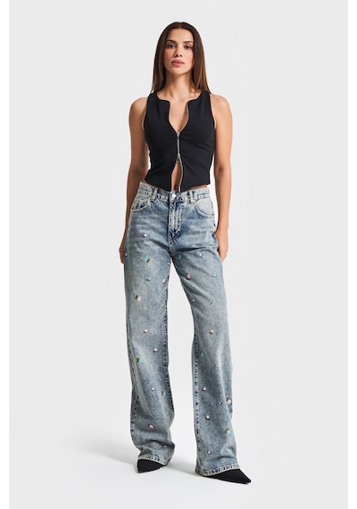 it's basic Kadın Kot Rengi 4s5-65 Çiçek Nakışlı Loose Fit Orta Bel %100 Koton Denim Jean Mavi