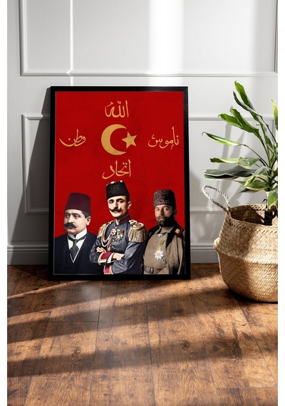 İttihat Terakki Paşaları Çerçeveli Tablo - Enver Cemal Talat Paşalar - İttihat Terakki Sancağı