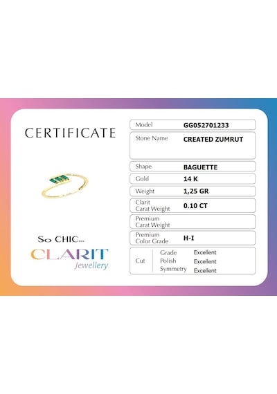 Clarit Jewellery Created Baget Zümrüttaşlı 14 Ayar Sarı Altın Yüzük Created Zümrüt