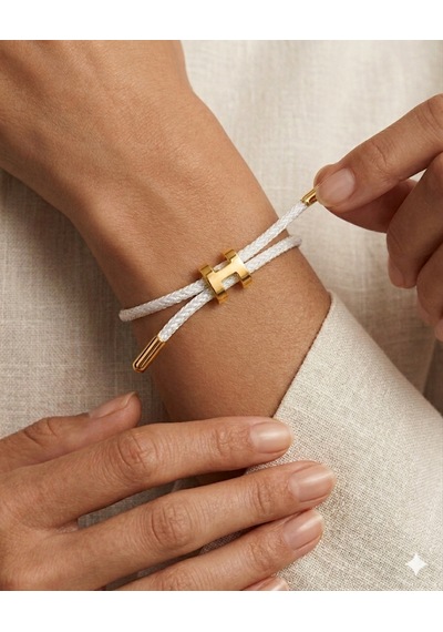Unisex H Model Gold Renk Çelik Detay Beyaz İp Bileklik