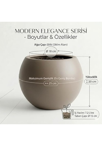 Zevli Modern Küre Saksı 7l - İskandinav Tarzı, Orta Boy Dekoratif Salon Ve Bahçe Saksısı Mocha