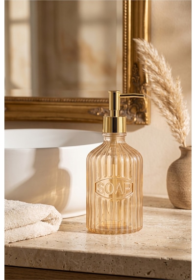 Glassy Dekoratif Cam Sabunluk Gold Pompalı Vintage Çizgili Sıvı Sabun Ve Deterjan Dispenseri - 21.5 Cm X 8 Cm - Turuncu