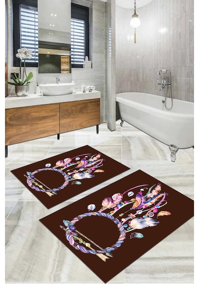 Buççin Online Mağaza Dijital Baskılı Yıkanabilir Ve Kaymaz Tabanlı Renkli Kuş Tüy Model Banyo Paspası Klozet Takımı Polye Çok Renkli