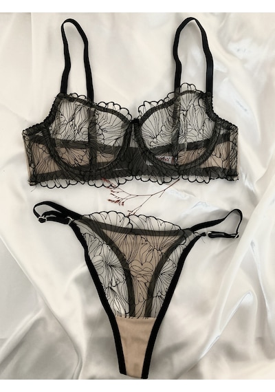 Arona Dantelli Brode İşlemeli Balenli Sütyen Takım Siyah-Nude Nude - Siyah