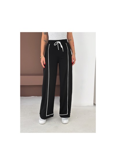 Gugus Kadın Beyaz Şerili Modal Pileli Eşofman Altı Wide Leg Siyah