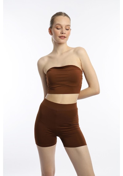 Quhox Kadın Allegro Kumaş Askısız Crop Top Kahverengi