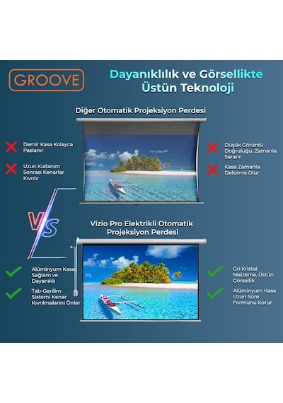 Groove Vizio Pro 120 Inch Blackout Işık Geçirmez Elektrikli Otomatik Kumandalı Projeksiyon Perdesi 265x150cm +motorlu+canlı Renkler+göz Koruması+leke Tutmaz Projector