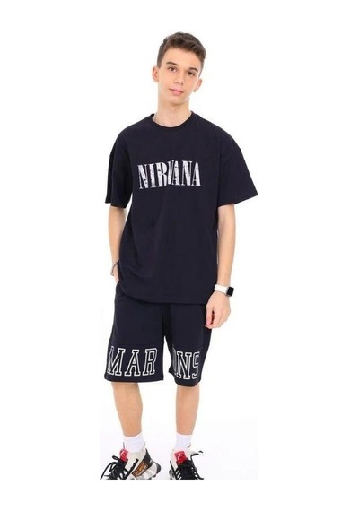Marions Erkek Çocuk Pamuklu Nirvana Yazılı Sırtı Baskılı Renkli T-shirt-13732-siyah Siyah