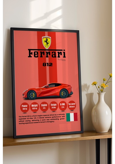 Ferrari 812 Kırmızı V12 Premium Spor Araba Tablosu - Teknik Özellikli İtalyan Otomobil Duvar Dekoru Siyah Ferrari 812 Kırmızı V12 Premium Spor Araba Tablosu - Teknik Özellikli İtalyan Otomobil Duvar Dekoru Siyah