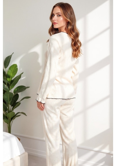 Bella Notte V Yaka Pamuklu Düğmeli Uzun Pijama Takımı Bej