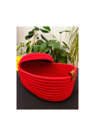 Hasır Jüt Sepet Oval Kapaklı Organizer Düzenleyici 30x20x10 Cm Koyu Kırmızı Koyu Kırmızı