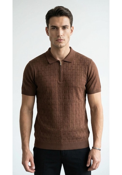 Plus Scorpion Erkek Polo Yaka Fermuarlı Triko Tişört Dokulu Slim Fit Kahverengi