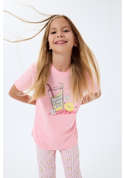 Rolypoly 3776 %100 Pamuk Kız Çocuk Kısa Kol Cepli Pijama Takımı Somon