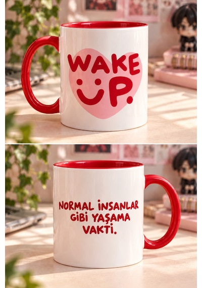 Wake Up Yazılı Baskılı Hediye Porselen Kupa Kırmızı