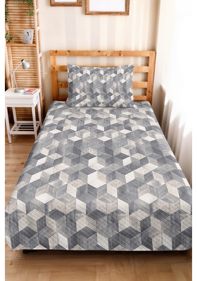 Gri Geometrik Modern Genç Odası Tek Kişilik Pike Takımı - Beyaz Küp 160x220 Cm Kapitone Yatak Örtüsü Altın