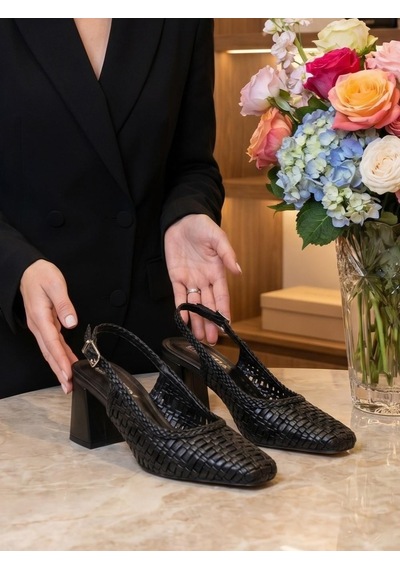 Nesilshoes Nesil Shoes Senyo 040 Siyah Örgü Topuklu Kadın Sandalet