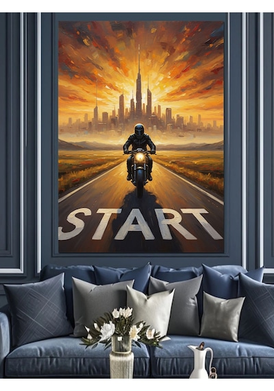 Ahşap Tablo Yolda Motosiklet Sürücüsü Start