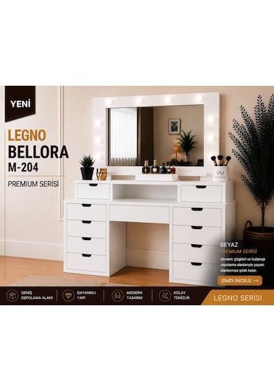 Legno Bellora Premıum Aynalı Makyaj Masası Beyaz