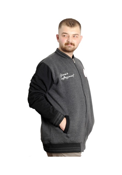 Mode Xl Büyük Beden Erkek Kolej Mont Fermuarlı Nakışlı Ceket 23633 Antramelanj Antrasit