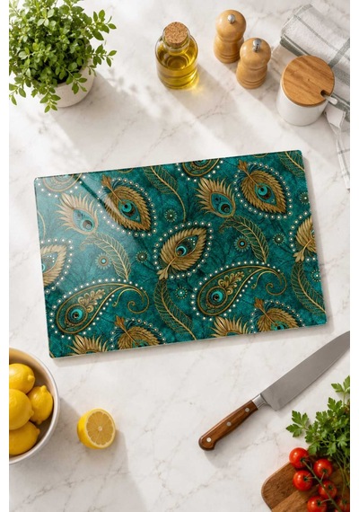 Gökçeoğlu Cam Kesme Tahtası Tavus Kuşu Temalı - Cam Kesme Tablası 20cm X 30cm Çok Renkli