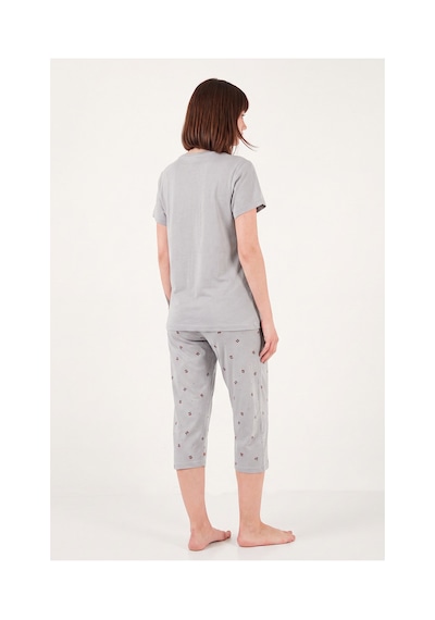 Lela Desenli Pamuklu Bisiklet Yaka Kaprili Pijama Takımı Bayan Pijama Takımı 65790787 Gri
