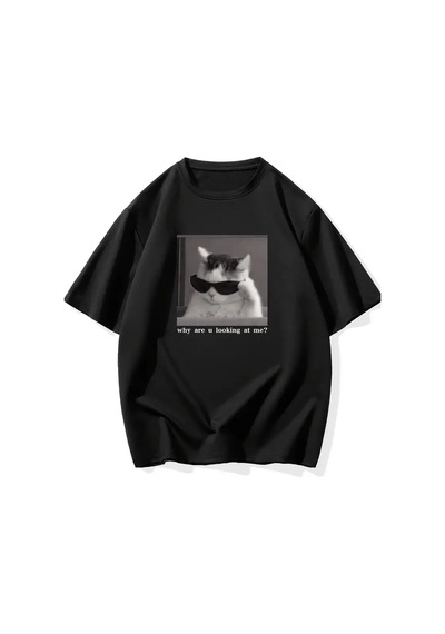 Erkek T-shirt Komik Kedi Baskılı Kısa Kol Tişört - Siyah