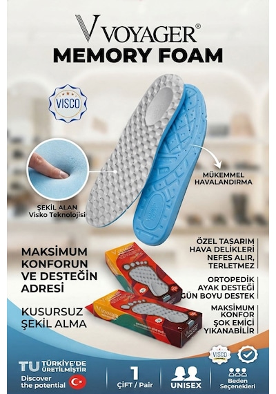 Voyager Memory Foam Terleme Yapmayan Özel Dizayn Ortopedik Tabanlık Gri