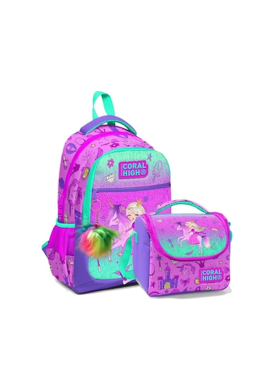 Coral High Okul Sırt Ve Beslenme Çantası Seti - Kız Çocuk Pembe Yeşil Unicorn Ve Prenses