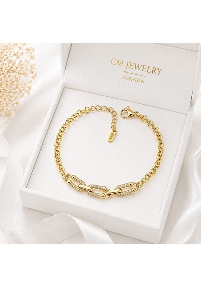 Cm Jewelry Zirkon Taşlı Tiffany Zincir Bileklik Gold Kadın Bileklik Altın