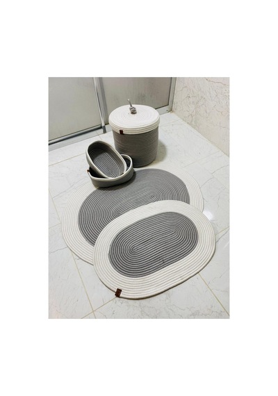 Jüt,hasır,5 Lı,banyo Paspas Takımı,bohem Tarzı Banyo Takımı,iskandinav Paspas/sepet 25x25 Krem Gri Krem Gri