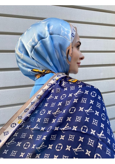 Miorel Scarfs Premium Kalite Lv Desen Vual İpek Şal Yeni Sezon Silk Scarfs Shawl Hijab Fular Mavi Turkuaz
