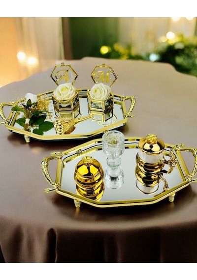 Infinity Gold Şık Söz Nişan Tepsisi Krem Krem