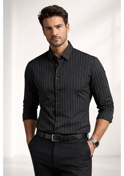 Classics Men Jet Polo Uzun Kol Slim Fit Erkek Çizgili Gömlek - 7574 Siyah