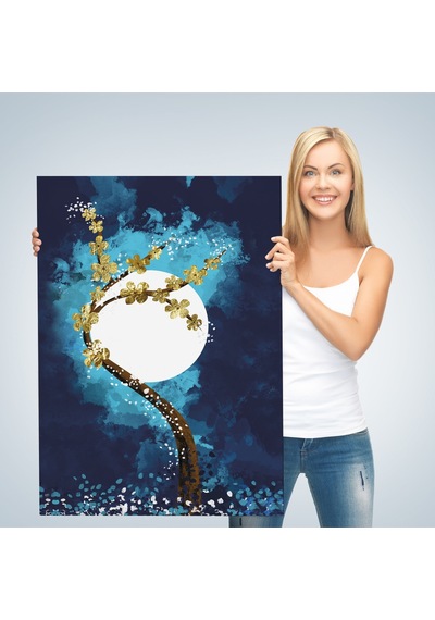 Altın Çiçekli Ağaç Ve Ve Ay Kanva Tablo, Soyut Çağdaş Sanat Örneği-4971 50 X 70