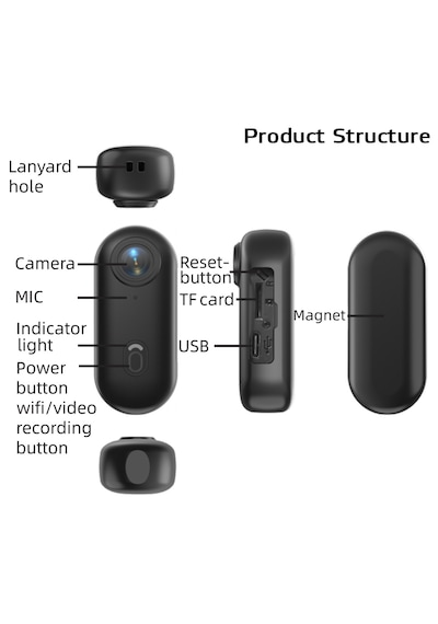 Wifi Mini 1080p Manyetik Vücut Aksiyon Kamera Su Geçirmez Ses Ve Görüntü Kaydedici 360 Drc Kelepçe Beyaz