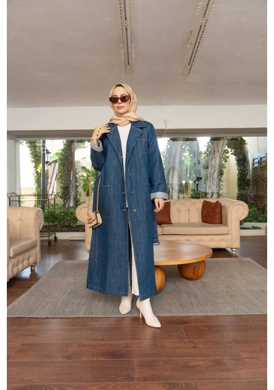 Neways 6655-kuşaklı Denim Ceket Koyu Mavi Koyu Mavi