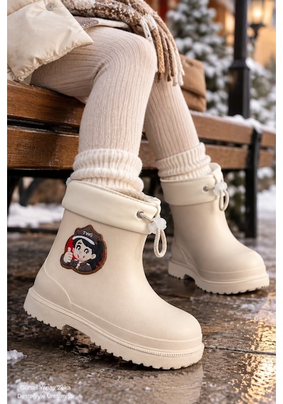 Muggo Kitty İçi Kürklü Lastikli Unisex Çocuk Günlük Yağmur Ve Kar Çizmesi Bej