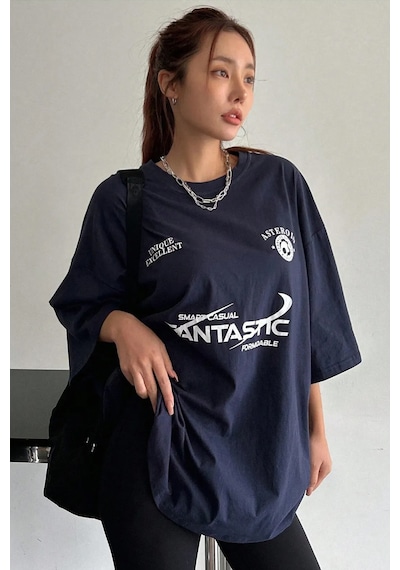 Fantastic Baskılı Unisex Oversize Tshirt Lacivert