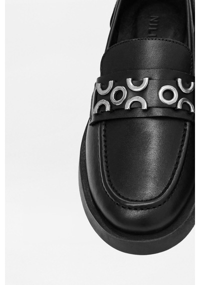 Morris Siyah Hakiki Deri Gümüş Aksesuarlı Kadın Loafer Siyah Deri