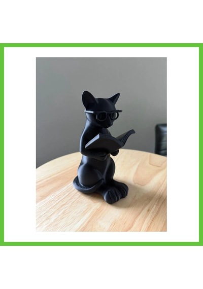 Bezos 3d Baskı Gözlüklü Kitap Okuyan Kedi Figürü Masaüstü Dekoratif Kedi Heykeli Siyah Dmc