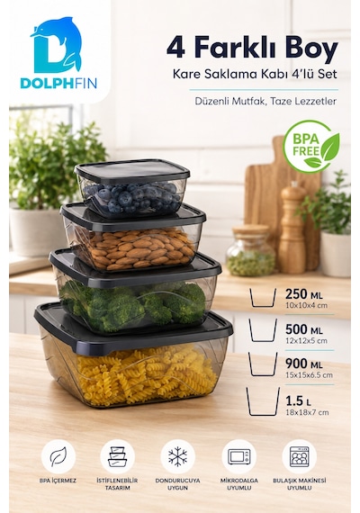 4 Lü Kare Saklama Kabı Seti Kapaklı 250 Ml 500 Ml 900 Ml 1,5 L Bpa İçermez Siyah