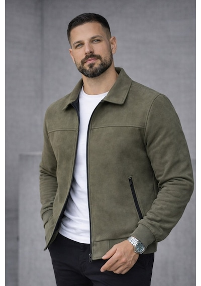 Baselco Basic Slim Fit Polo Yaka Süet Ceket Haki