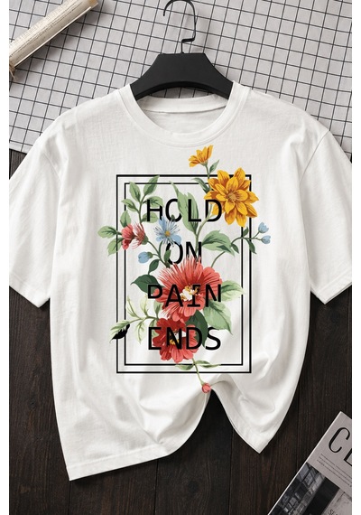 Spoyi Flora Patience Tasarımlı %100 Pamuk Yarım Oversize Beyaz T-lhirt
