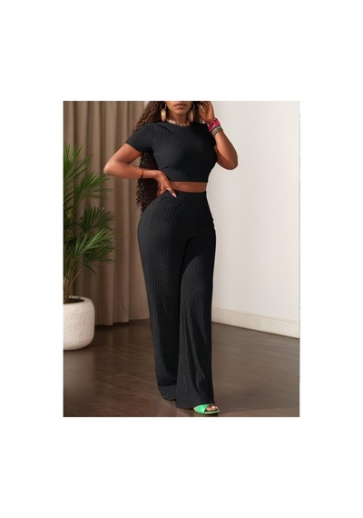 Butik İstanbul Kadın Kısa Kollu Bisiklet Yaka Bürümcük Krop Bluz Ve Pantolon Ikili Takım Siyah