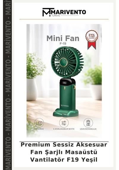 Premium Sessiz Aksesuar Fan Şarjlı Masaüstü Vantilatör F19 Yeşil